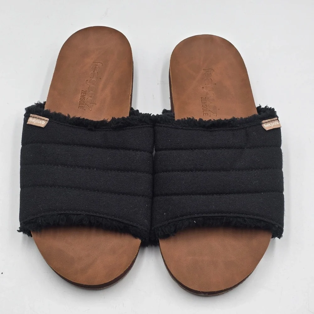 Feelgoodz Slide Sandals Women 10 Zensole Black Quilted Faux Fur EUC Cozy Slipper